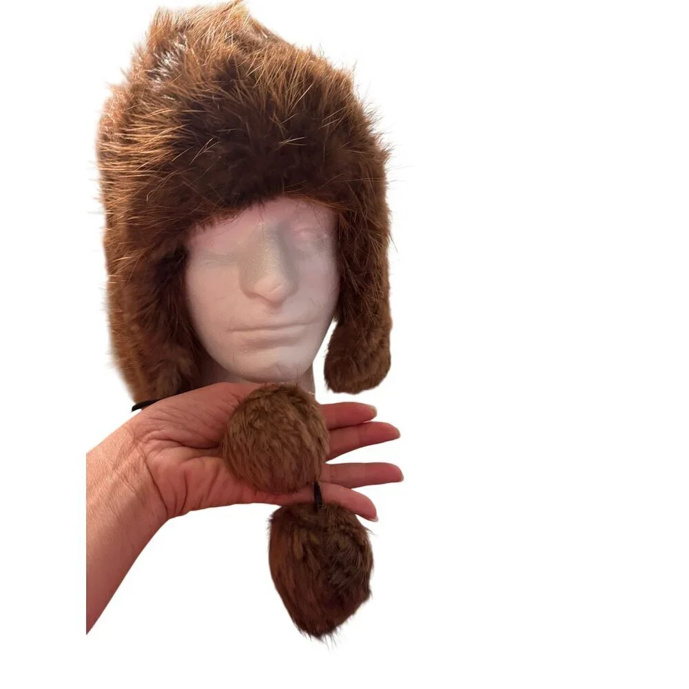Vintage Beaver Fur Womens Trapper Hat One Size Reddish Brown Earflaps Pom-poms